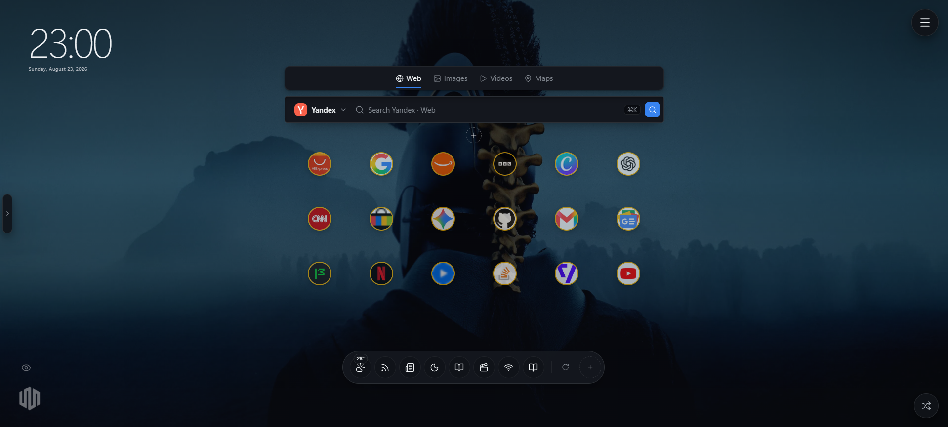 Z TAB new tab running inside a desktop browser: clock, multi-engine search bar, quick access tiles and the floating widget dock